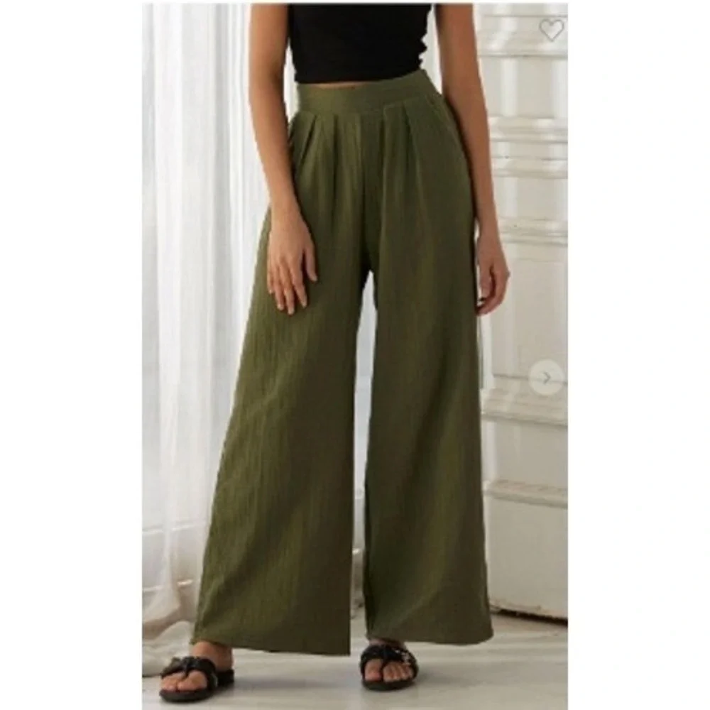 NOFLICK NWT Olive 100% Cotton‎ Wide Leg Smocked Waist Relaxed Flowy Pants M